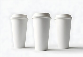 Three white mockup disposable coffee cups on a light background