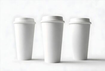 Three white mockup disposable coffee cups on a light background