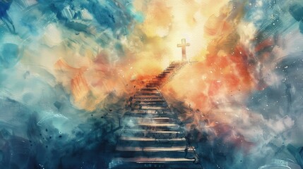 stairway to heaven in glory, gates of Paradise, meeting God, symbol of Christianity, art illustration painted with water colors Ascension Day
