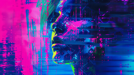 Vibrant glitch effects in abstract digital artwork of a human profile