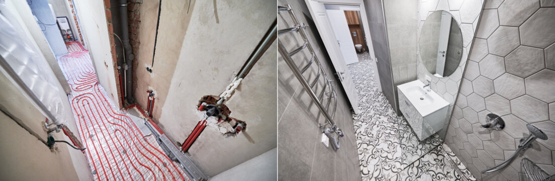Apartment bathroom with heated floor and electric towel dryer before and after restoration. Flat with underfloor heating pipes and new renovated bathroom with sink, mirror and towel warmer.