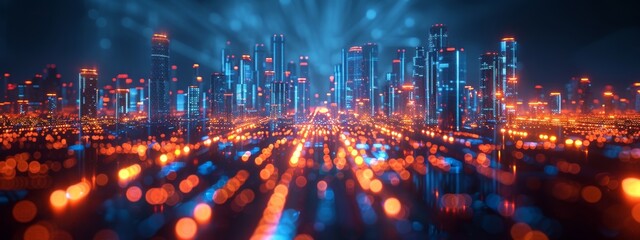 Futuristic City Powered by Generative AI with Glowing Mesh Wireframe Aesthetic