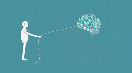 The Art of problem solving, human pulling string from brain, pastel blue brainstorm critical thinking