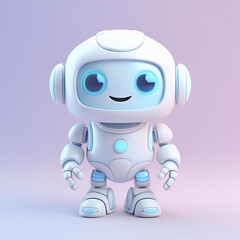 Fototapeta premium 3D rendering, cute robot character icon with happy smile, white and neon blue colors. Isolated on gradient blue-pink background. 