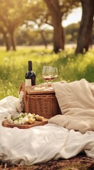 A beautiful picnic in the park with a wicker basket full of food and wine, a candle, and flowers.