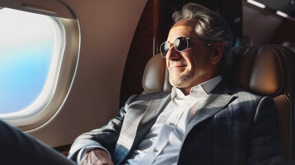senior business man in private jet, wearing sunglasses and business suit sitting on the chair near window with smile expression looking outside