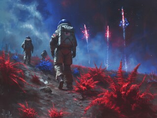 A group of astronauts are walking through a red and blue landscape. The sky is filled with fireworks, creating a festive atmosphere. The scene is a work of art, depicting a futuristic