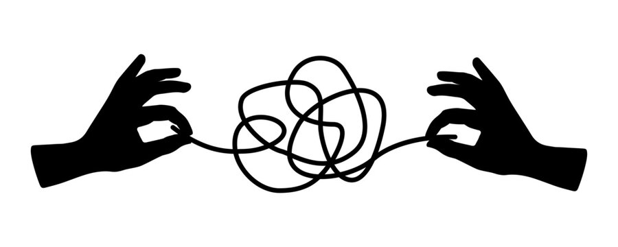 Hands working together to untangle rope, concept of solving problems and achieving success