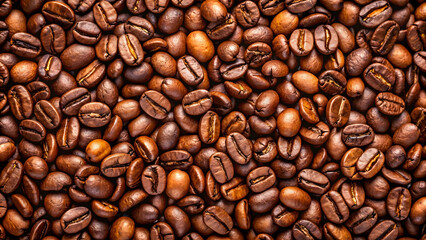 Roasted coffee beans on full frame background. Close-up