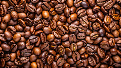 Obraz premium Roasted coffee beans on full frame background. Close-up
