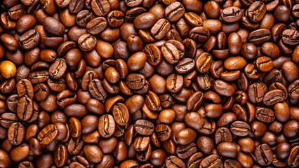 Fototapeta premium Roasted coffee beans on full frame background. Close-up