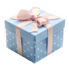 Blue polka-dotted gift box decorated with a pink bow.