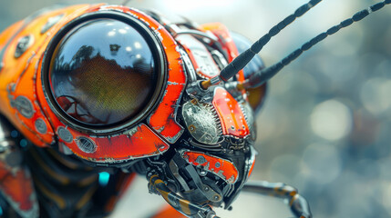 A robot bug with a metallic face and a shiny orange body. The bug has a metallic head with a large,...