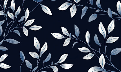 Abstract White Plant Pattern on Dark Blue Background