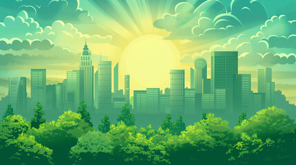Vector illustration of a green city representing Earth Day and World Environment Day, emphasizing sustainable development with eco-friendly urban designs and lush landscapes.
