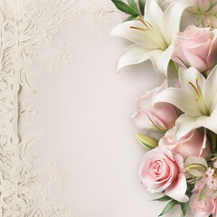 A beautiful arrangement of pink roses and white lilies with green leaves on a cream-colored background