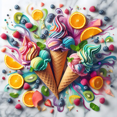 Colourful ice cream with cones and various fruits - kiwi, orange, raspberry, blueberry, strawberry, watermelon and mint leaves - on a marble background. Summer and sweet menu concept.