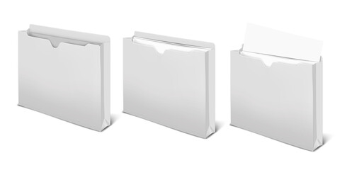 Blank file jacket box with white paper sheets. Realistic vector mockup. Document holder case mock-up