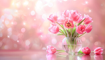 A vase with some tulips in full bloom with a bright and shiny background, banner copy space