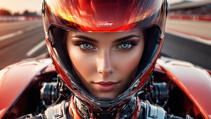 Fototapeta premium Robotic Racer Close up of a fast paced adrenaline fueled robot woman with sleek aerodynamic