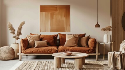Stylish living room in soft minimalism with earth tone sofa and natural decor