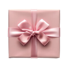 A pink box with a ribbon tied around it. The box is square in shape and is placed