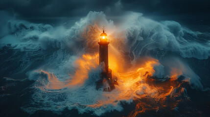 A lighthouse is lit up in the middle of a huge wave. The scene is dramatic and intense, with the lighthouse standing out against the powerful force of the water