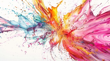 A captivating UHD photograph capturing abstract art splashes in a riot of colors against a clean white backdrop. 