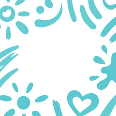 Strokes of sunscreen cream strokes square frame, copy space. Sun, heart, smile, blob smears shapes. Beach holidays, sun protection concept. Flat design, cartoon SPF cosmetic products touches template.