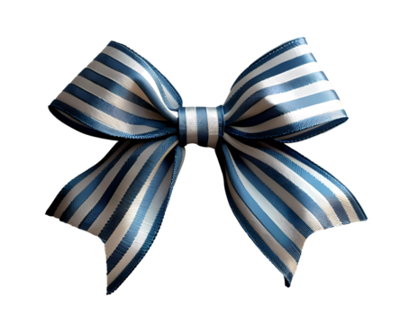 A blue and white ribbon bow is displayed on a white background