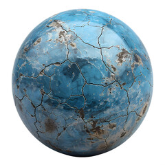 A blue and white ball with cracks and holes