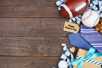 Happy Fathers Day gift tag with side border of gifts, ties, games and sport items. Top view on a...