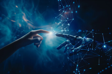 Human hand touches a robot hand, sparking a connection in a symbolic moment of human-robot interaction and technological convergence.