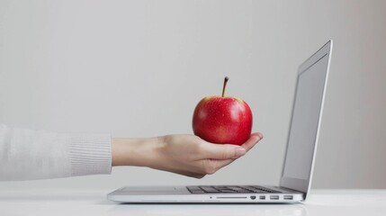 Hand Presenting an Apple to Laptop