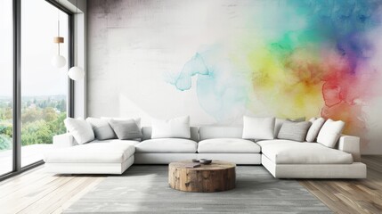 Modern living room with white sectional sofa and dramatic multicolored accent wall