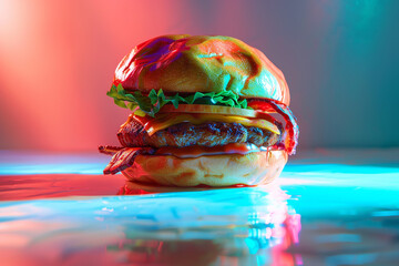 A gourmet burger that glows under the influence of projection lighting, showcasing the textures of...