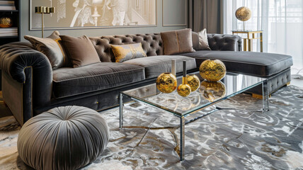 A lavish living room boasting a slate grey velvet sofa, glass coffee table, and sophisticated gold ornaments. The plush carpet and sleek pouf showcase modern luxury, in ultra HD.