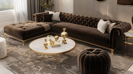 A lavish living room featuring a deep espresso velvet sofa, sleek coffee table, and luxurious gold accents. The plush carpet and modern pouf showcase the space's elegance, in stunning ultra HD.