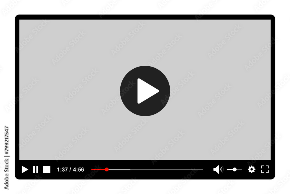 Poster Multimedia video player with play button, play video window with navigation icons, video streaming on internet, modern social media video player interface template live digital stream