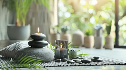 Candle and Rocks on Mat