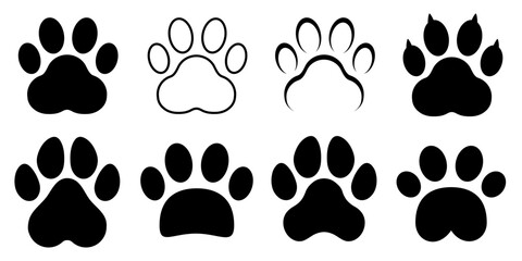 Paw footprint icon set, cute animal track collection, dog or cat paw print icons in different style