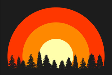 Sunset above forest silhouette, vintage style mountain sticker or poster template - vector