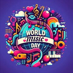 World Music Day illustration with colorful typography and instrument