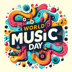 World Music Day illustration with colorful typography and instrument
