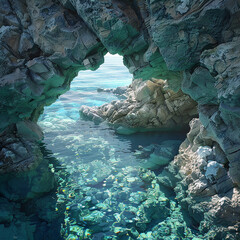 3d rendered photos of a natural rock formation framing a view of the ocean floor through a heart-shaped opening made with generative AI