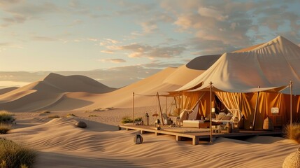 A desert scene with a tent and a wooden platform. The scene is peaceful and serene, with the sun setting in the background - Powered by Adobe