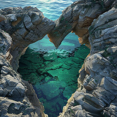 3d rendered photos of a natural rock formation framing a view of the ocean floor through a...
