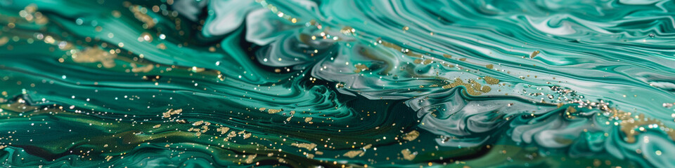 Glistening emerald marble ink dances freely across a captivating abstract landscape, shimmering with radiant glitters.