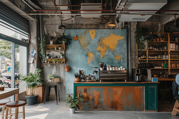 Modern café with an artistic world map wall, offering a spacious and globally inspired atmosphere. AI Generated.