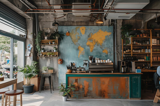 Modern café with an artistic world map wall, offering a spacious and globally inspired atmosphere. AI Generated.